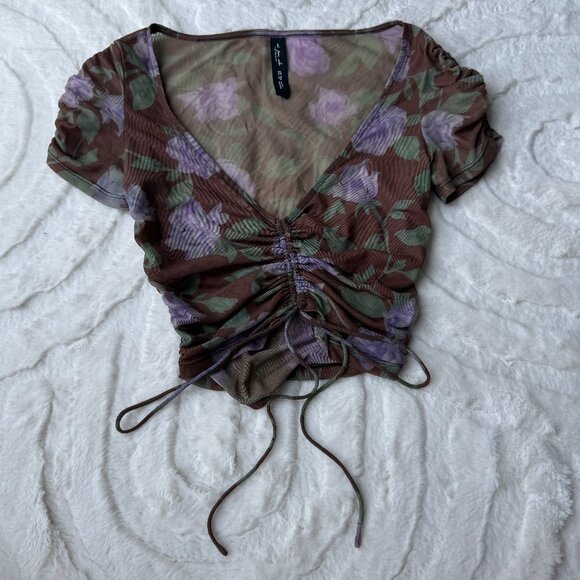 Urban Outfitter Out from Under Floral Mesh Sheer Scrunch Crop Top Size XS - Picture 1 of 4